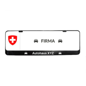 Foto von einem Schweizer KFZ-Kennzeichenhalter mit einem Logo und Firmenname