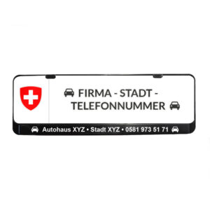Foto von einem Schweizer Kennzeichenhalter mit Logo, Firmennamen, Stadt und Telefon