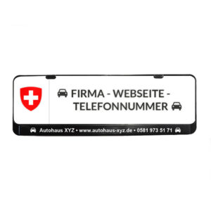 Foto von einem Schweizer Kennzeichenhalter mit Logo, Firmennamen, Webseite und Telefon