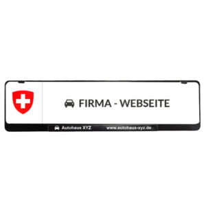 Foto von einem Schweizer KFZ-Kennzeichenhalter mit einem Logo, Firmenname und Webseite