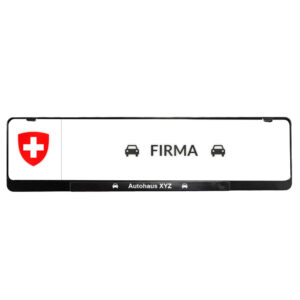 Foto von einem Schweizer KFZ-Kennzeichenhalter mit einem Logo und Firmenname