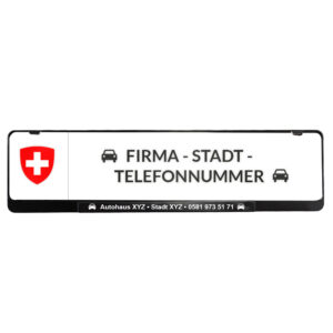 Foto von einem Schweizer Kennzeichenhalter mit Logo, Firmennamen, Stadt und Telefon