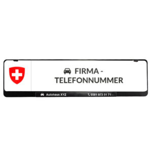 Foto von einem Schweizer KFZ-Kennzeichenhalter mit einem Logo, Firmenname und der Internetadresse