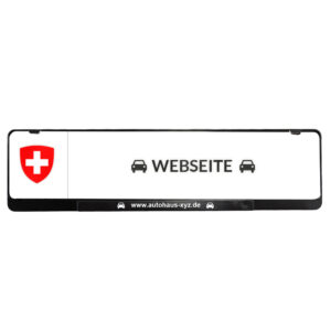 Foto von einem Schweizer KFZ-Kennzeichenhalter mit einem Logo und der Internetadresse